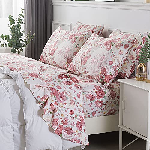 FADFAY Sheets Set Cal King Elegant Pink Floral Bedding Romantic Garden Flower Bed Sheet Set Vintage Peony Farmhouse Bedding 100% Cotton Ultra Soft Deep Pocket Fitted Sheet 4Pcs, California King Size