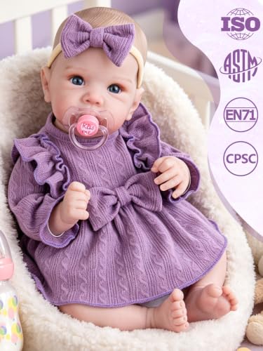 Image of EKOKIZ Lifelike Reborn Baby Doll 20 Inch, Realistic Newborn Girl with Purple Dress & Soft Vinyl Limbs, Handmade Companion for Anxiety Relief, Dementia Therapy & Emotional Support