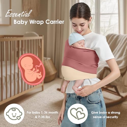 Image of Baby Wrap Carrier, Lightweight Baby Wearing Wraps for Newborn and Infant, Soft Swaddle Holder Carrier, Cozy Baby Sling 7-35 lbs Cream+Pink