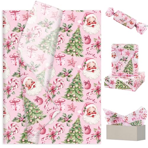 JarThenaAMCS 60 Sheets Christmas Tissue Paper Pink Santa Art Tissue Xmas Tree Candy Cane Gift Wrapping Paper for DIY Arts Crafts Xmas Holiday Birthday Party 14 x 20 Inch