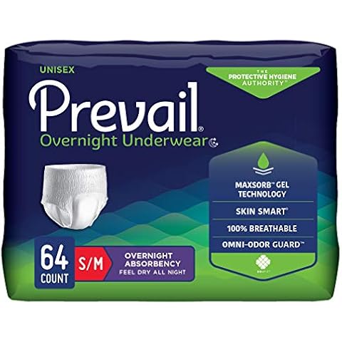 Prevail Incontinence Unisex Overnight Protective Underwear, Overnight Absorbency, Small/Medium, 64 Count Cover
