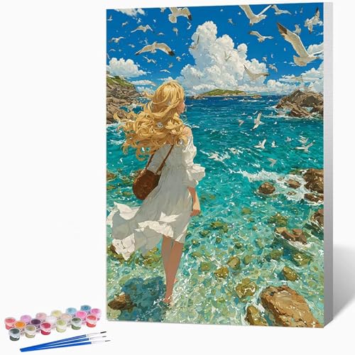 数字油絵 女の子 ペイントバイナンバー 海, ナンバーペイント大人のDIYセット(ブラシとアクリル絵の具を含む)、クリエイティブな手作りの油絵セット、女性へのデジタル絵画ギフト、壁の装飾 40×50cm -WX2510997