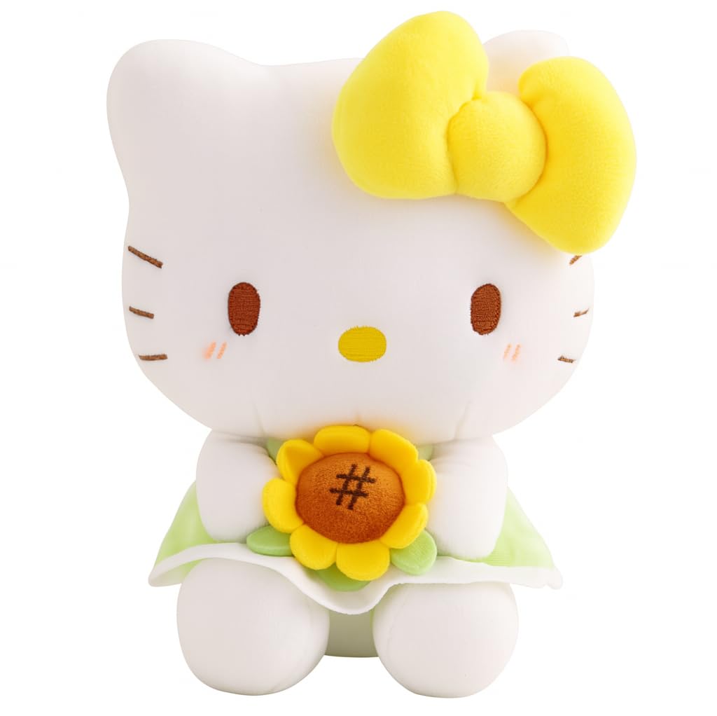 13″ Kitty Plush Toy – Kawaii Cat Stuffed Animal with Yellow Bow & Sunflower, Soft Plush Doll Gift for Kids, Teens & Collectors