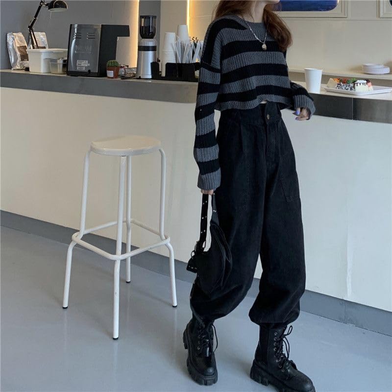 Women Striped Cropped Vintage Oversize Knit Sweater Jumper Female Long Sleeve O-Neck Pullovers Tops Sweaters4