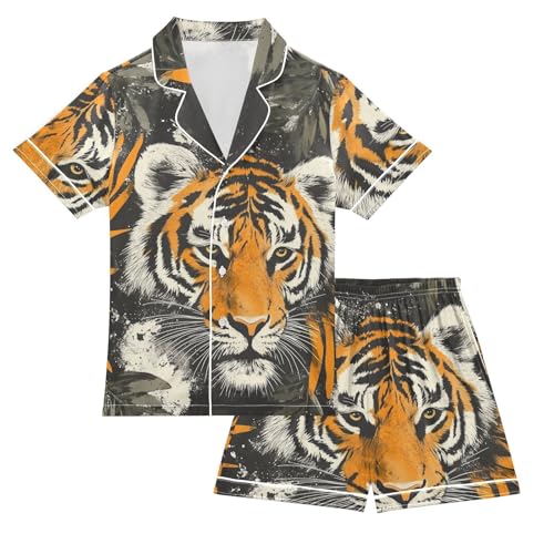 Satin Pajama Sets Short Sleeve Tiger Face with Leaves Button Down Silky Nightwear 2 Piece PJS 5-14Y - Main Image