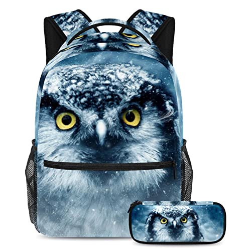 Ensemble de sacs d'école d'hiver avec motif hibou et oiseau - Pour adolescentes, filles, garçons, enfants, étudiants, sac à dos avec trousse pour primaire et secondaire Cover