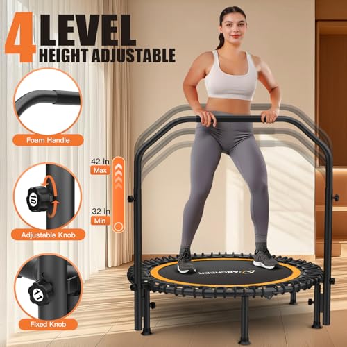 Image of ANCHEER 40 inch /48 inch Foldable Mini Trampoline,Max Load 450lbs /550lbs Indoor Trampoline,with 4 Level Adjustable Foam Handle and Resistance Bands,Adult Exercise Trampoline for Home, Garden, and Gym