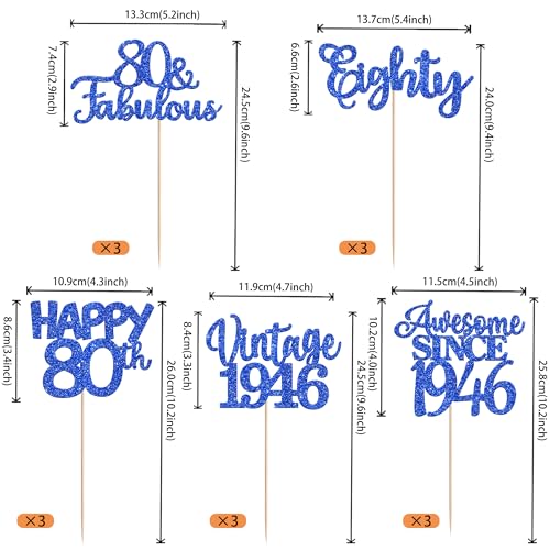 Image of 15 PCS 80th Birthday Centerpiece Sticks Eighty Happy 80 Vintage 1946 Table Flower Centerpieces Sticks Cheers to 80 Fabulous Floral Decorations for 80th Birthday Party Supplies Blue