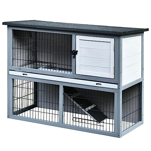 42.5" Wooden Rabbit Hutch - Water Resistant Pet House 4 Doors W/Ramp 2-tier Wooden Rabbit Hutch