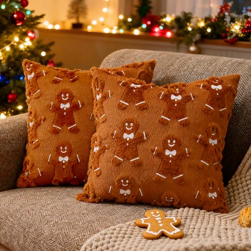Deposhion 2-Pack Christmas Gingerbread Man Pillow Covers 18x18 Inch Soft Plush Faux Fur Embroidered Throw Pillowcases for Sofa Couch Holiday Home Decor