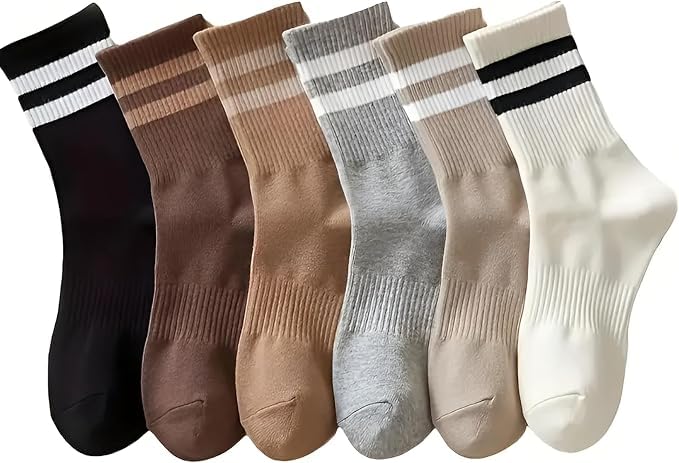 Athletic Crew Socks, Striped Pattern, 6 Pairs, Neutral Colors