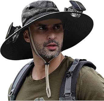 Sun Hat with Solar Powered Fan Wide Brim UV Protection Fishing Hat, Dual Fans Cooling Cap for Men & Women, USB Rechargeable