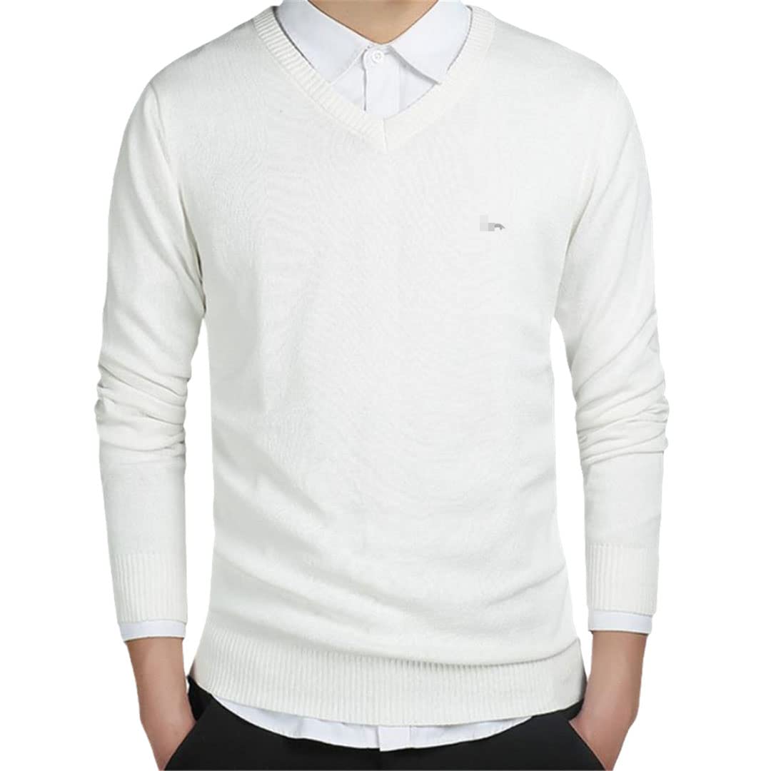 Inverno Uomini Casual Scollo A V Solido Mantenere Caldo Maglione Manica Lunga Maglioni, Bianco riso., XL