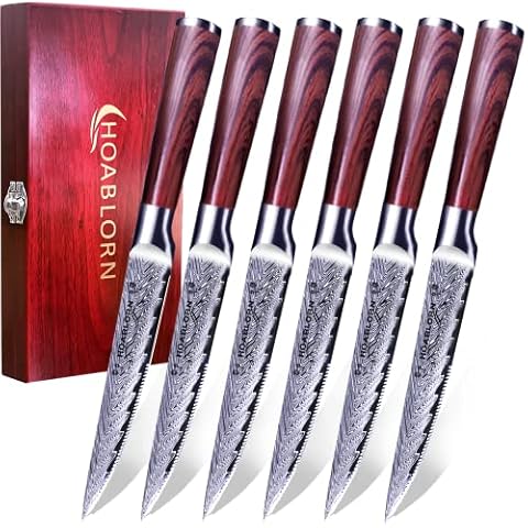 HOABLORN Juego de 6 Cuchillos de Carne de Acero Inoxidable Alemán Cover