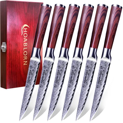 Knives Set with Box for Kitchen Wooden Boxed Steak Knife Set of 6...