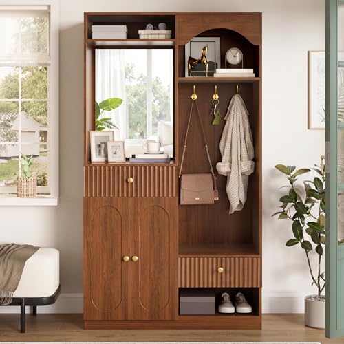Mueble de entrada de MDF con espejo y banco en color nogal de 100x35x180 cm para pasillo 8