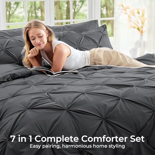 Image of Sasttie King Size Comforter Set, 7-Piece Bed in a Bag, Pintuck Bedding Sets for All Season, Includes Comforter, Flat Sheet, Fitted Sheet, Pillowcases and Pillowshams, Dark Grey