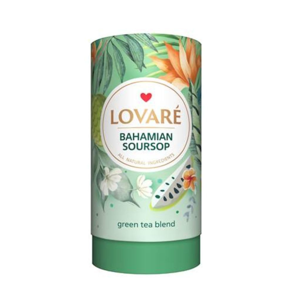 LOVARE Bahamian Soursop Loose Leaf Tea – 80 g Premium green tea blend with Pieces & Marigold Petals – Ukrainian Brand – Authentic Gift Tube with 15 Paper Filters – Easy to Brew tea Blend (Bahamian Soursop)