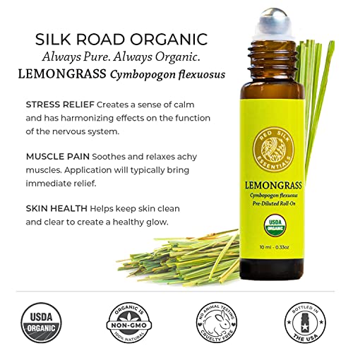 Organic Lemongrass Essential Oil Roll On, 100% Pure Usda Certified Aromatherapy For Skin & Hair Health, Headache Relief, Calm -10 Ml Roller By Silk Road Organic - Always Pure, Always Organic #TOP1