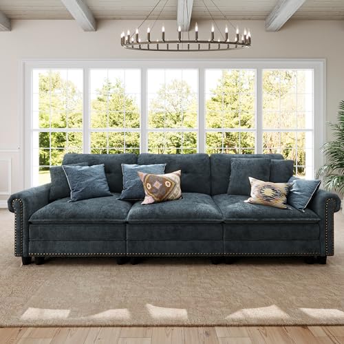 Image of SUNSHINE VALLEY 103.1 inch Modular Sectional Couch for Living Room Deep Seats | Mid-Century Modern 3-Seater Cloud Sofa, Cyan, Rolled Arms & Nailhead Trim, Wider & Deeper Seats, Soft Chenille
