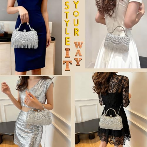 LUKLUKTAISUN 2026 Fringe Rhinestones Clutch Purse for Women Elegant Mesh Evening Bag Crystal Handbag for Prom Wedding(Silver) — view 4