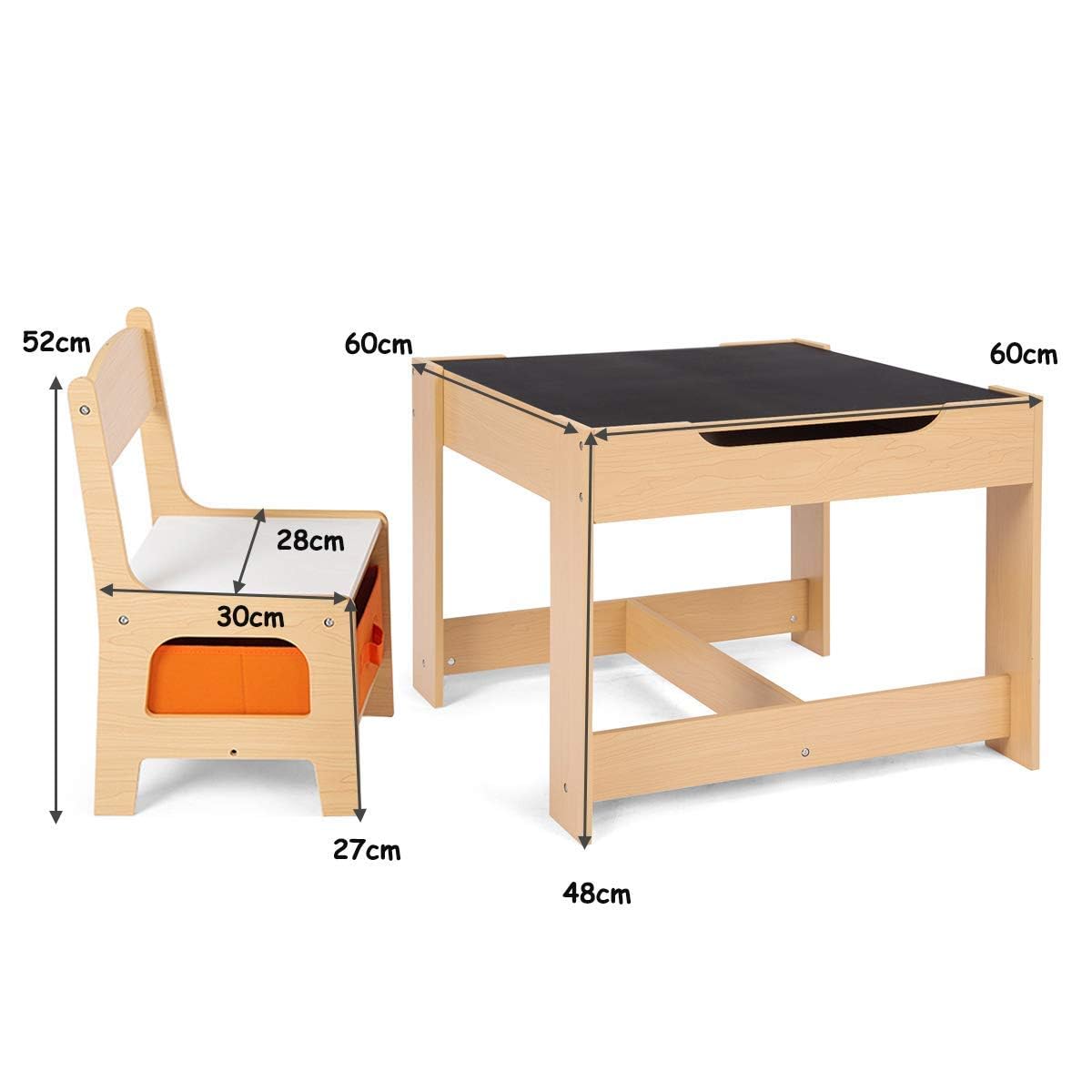 RELAX4LIFE Tavolino Bambini con Sedie, Tavolino Legno 3 in 1, Tavolo per Bambini con Piano Reversibile (Lavagna/Bianco) e 2 Sedie con Cassetti (62 x 62 x 48,5 cm, Naturale)