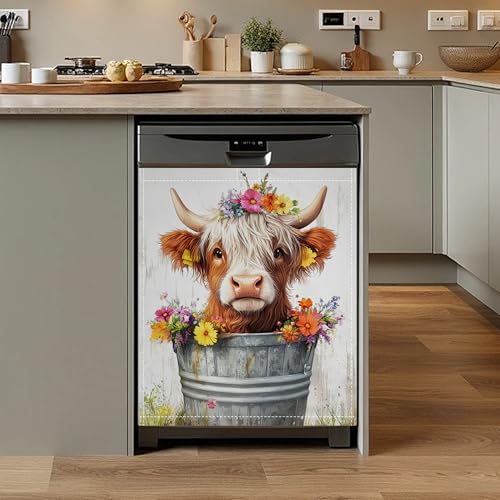 Highland Cow Flower Dishwasher Magnet Cover 23x26 Inch