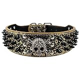 Collier pour chien de grande qualité et d'élégance, orné de jolis pointes en métal et d'une tête de mort. Collier reservé pour les chiens les plus rebelles ! Il se démarque des autres colliers par son allure unique, mais également parce qu'il est très agréable à porter, grâce au choix minutieux des matières premières qui garantit un grand confort, idéale pour les gros chien de type molosse.
