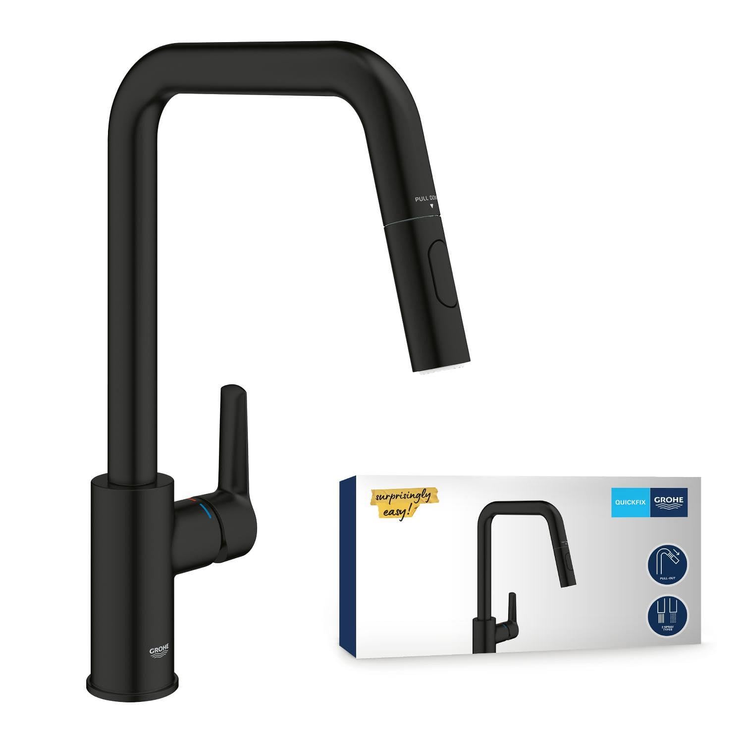 GROHE Start, Küchenarmatur 2 Strahlarten (Wasserhahn Küche, ausziehbare Brause, 360° schwenkbar, wassersparend dank variabler Mengenbegrenzung, werkzeugfreie Spülbecken-Montage), schwarz, 306312430