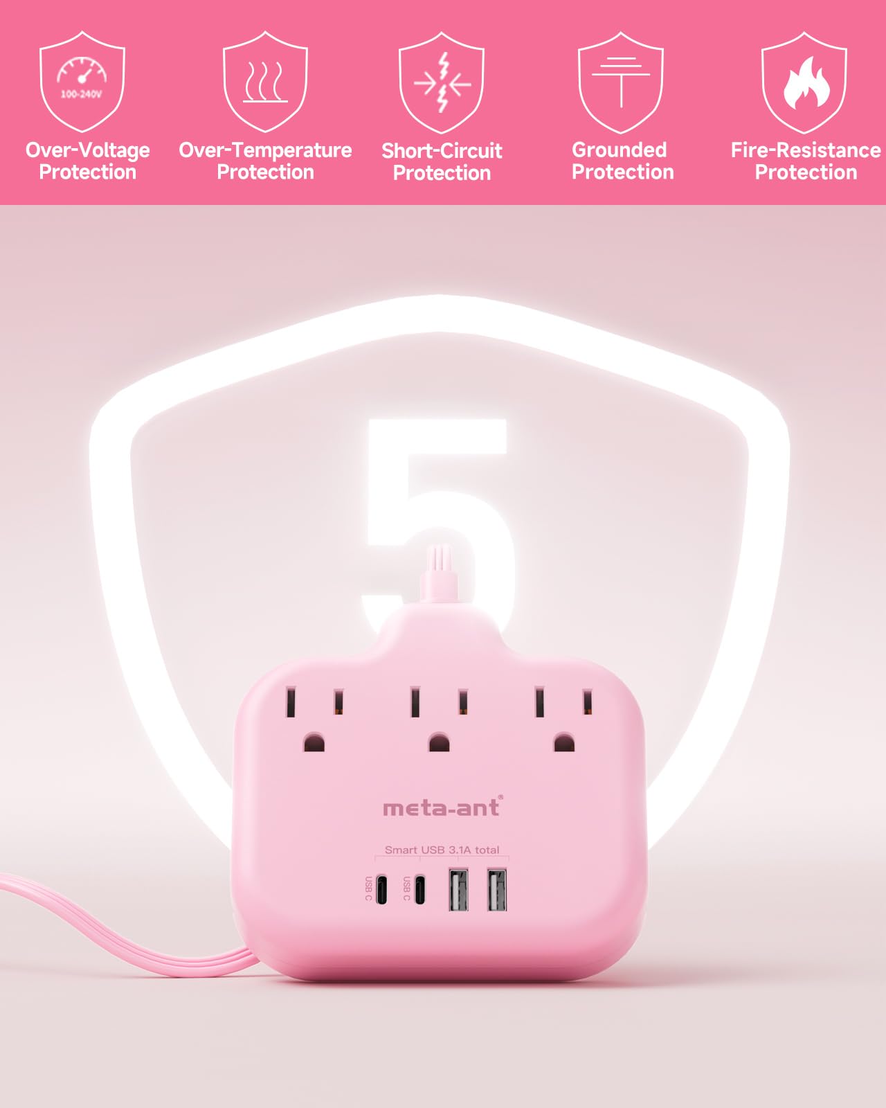 Meta-ant - Cable de extensión rosa de 5 pies, cable de extensión plano con 3 tomacorrientes, 4 USB (2 USB-C) 3.1A, tira de alimentación, cable largo rosa 1625W, compacto para lindo computadora Kawaii