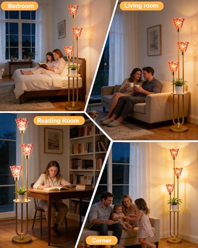 Image of 3-Light Modern Glass Floor Lamp with Shelf, Gold Tall Standing Lamp with Deep Red Flower Glass Shade, LED Floor Lamp with Foot Switch& 5Lbs Heavy Base for Living Room Bedroom, Bulb Included
