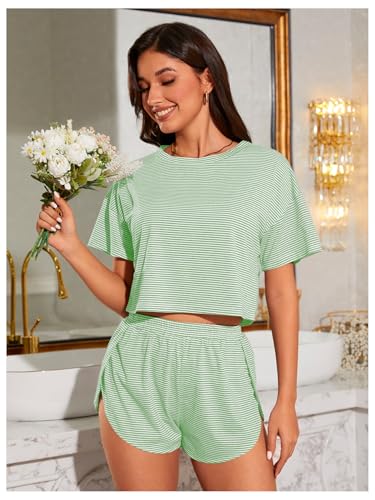 Image of OYOANGLE 2 Pack Pajama for Woman Set Summer Cute PJ Sets Striped Short Sleeve Tshirt and Split Shorts Lounge Set