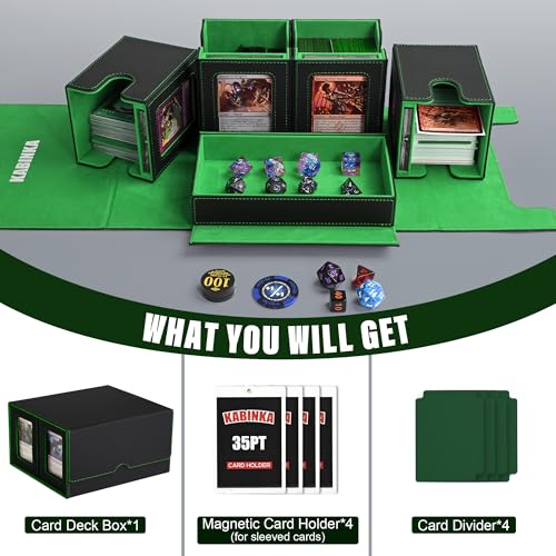 Image of Kabinka Card Deck Box for MTG Commander, Holds 400+ Double-Sleeved Cards, 5 IN 1 Detachable Card Case with Dice Tray, Fits Magic /TCG Cards, 4 Magnetic Card Holders & Dividers (Black Green)
