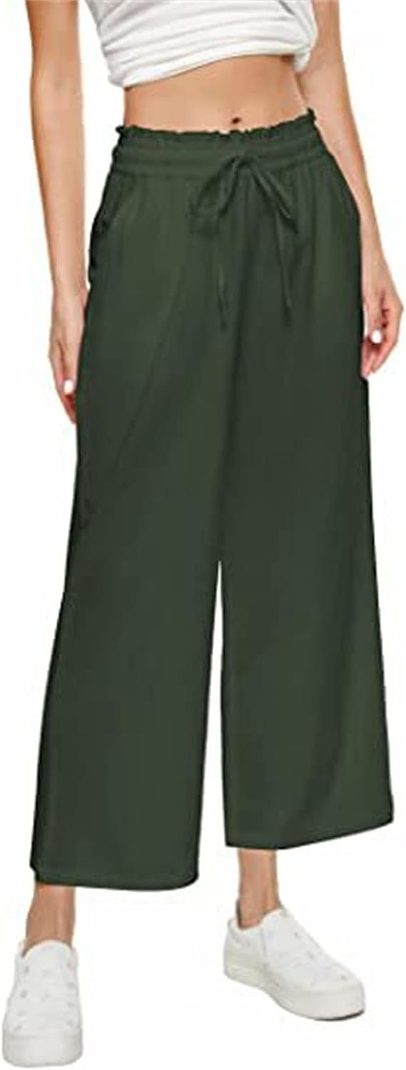 DGHM-JLMY Women Cotton Linen Wide Leg Casual Drawstring Waist Smocked Lounge Loose Beach Pants Ankle Length Trousers