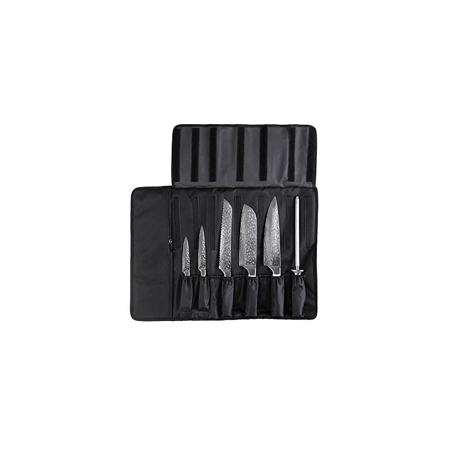 BGT Japanese 67 Layer High Grade VG-10 Super Damascus Steel Knives, Sharp, Teak Handle Professional Hammered Kitchen Knife Set with Knife Roll Bag 6Pcs Set (Silver Blade)