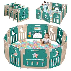 Baby Playpen, Dripex Foldable Baby Play Yard, Toddler Safety Fence, 14-Panel Adjustable Portable Play Area for Indoor/Outdoor, Green White