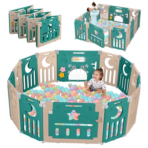 Baby Playpen, Dripex Foldable Baby Play Yard, Toddler Safety Fence, 14-Panel Adjustable Portable Play Area for Indoor/Outdoor, Green White
