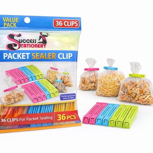 Success Stationery (Set of 18 Pcs X 2 36 Pcs) - Home Kitchen Plastic Food Snack Bag Pouch Clips for Packet Sealing Tools 3 Size Large Medium Small Items Bag Clips Vacuum Sealer (Multi Color Set)