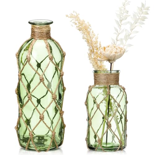 Image of Chuangdi Set of 2 Coastal Glass Flower Vase with Boho Rope, Green