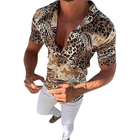 HOOUDO Men T-Shirts Casual Regular Fit Lapel Button Down Leopard Print Blouses Short Sleeve Tops Summer Tees Yellow Cover