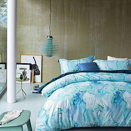 MILDLY 100% Long-Staple Cotton Duvet Cover Set Aqua Watercolor Marble Pattern Printed Comforter Cover 3pcs, Ultra Soft & Breathable Bedding Set