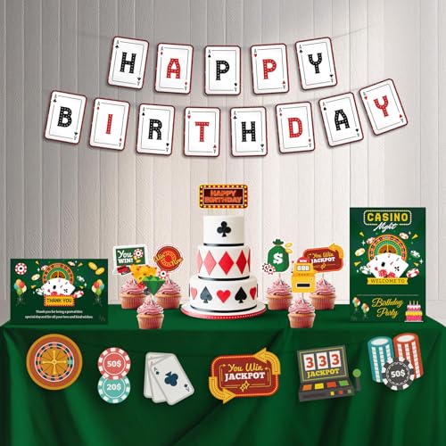 Image of Just Party Casino Theme Party Decoration - 37 pcs Happy Birthday Decoration Kit for Adults | Vegas Theme Birthday Decoration Items for Boys & Girls | Includes Props, Banners, Cake Topper, Setup Tools