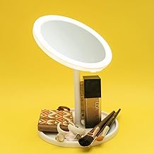Stelliferous Round Tabletop Vanity Mirror with 3-Color LED Lights & Storage Tray | Rechargable with USB Micro-B Cable | Portable & Foldable Travel Makeup Mirror with Light | Stand Mirror (White)