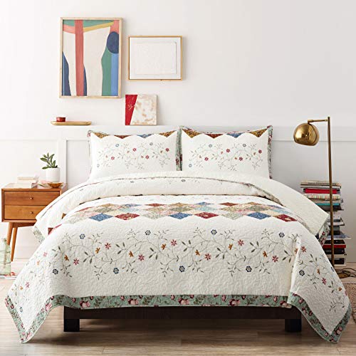 Emily 3 Pc Quilt Set. Real Hand-Made Pieced Patchwork And Embroidery Quilt. 100% Cotton Face Fabrics. Transitional Look, Pre-Washed, Soft. Allover Quilted. (Multicolor, Queen) #TOP2