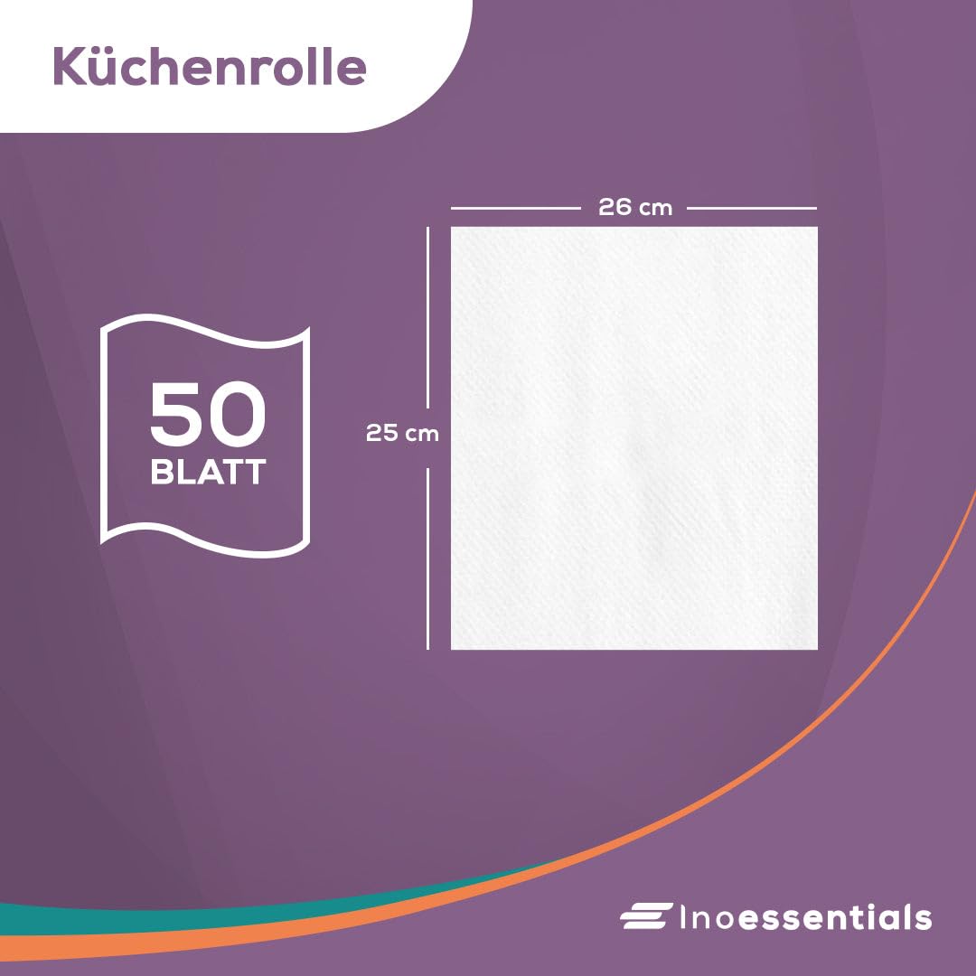 Inoverse 3-lagig Küchenrollen, 4 Rollen (8er Pack) – 50 Blätter pro Rolle, Küchenpapier aus 100% Zellstoff, Extra Saugfähig & Reißfest, Haushaltsrollen