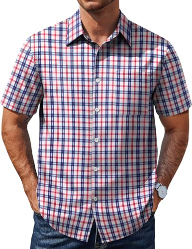 COOFANDY Men's Plaid Button Down Shirt Short Sleeve Business Casual Shirt Wrinkle Free Untucked Dress Shirt for Men with Pocket