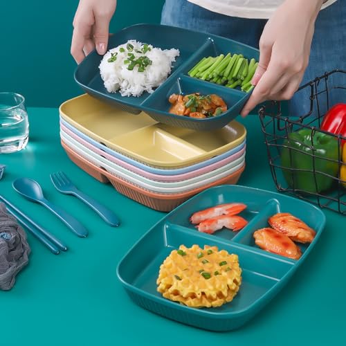 Image of Unbreakable Round Food Tray for Dessert, Dinner, Cereal, Party, Steak, Pizza, Dessert, Pasta, Salad, Fruit, Adult & Toddler Baby Kids Dishwasher & Microwave Safe (Nordic Blue, Pack of 6)
