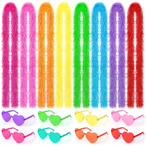 BOARDFEB 16Pcs Feather Boas Party Pack with 8Pcs Artificial Feather Boas 6.6ft and 8Pcs Heart Sunglasses for Wedding Birthday Party Favors