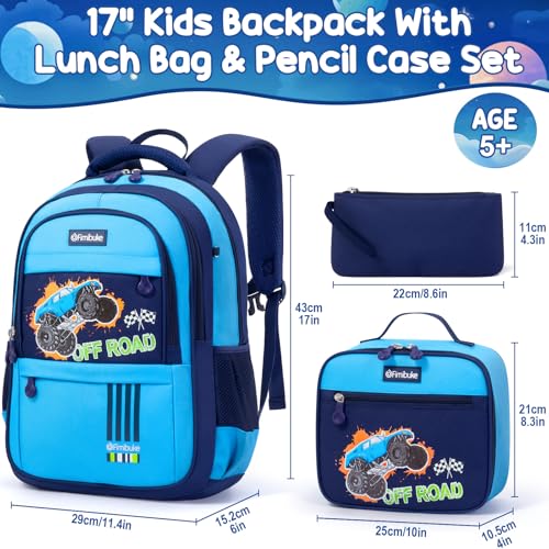 Fimibuke Kids Backpack for School Boys - 3 PCS Waterproof Teen Boy Backpack with Lunch Box & Pencil Pouch, School Bag Bookbag Daypack for Kindergarten Elementary Middle School, Age 5+(Monster Trucks)2