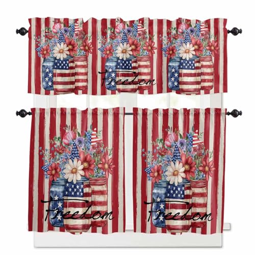 American Flag Kitchen Curtains 24 Inch Length, 3 Piece Rod Pocket Small Half Tiers and Valance Set, Red Stripe Blue Star Patriotic Floral Small Large Window Treatment Decor for Bedroom/Bathroom Sink
